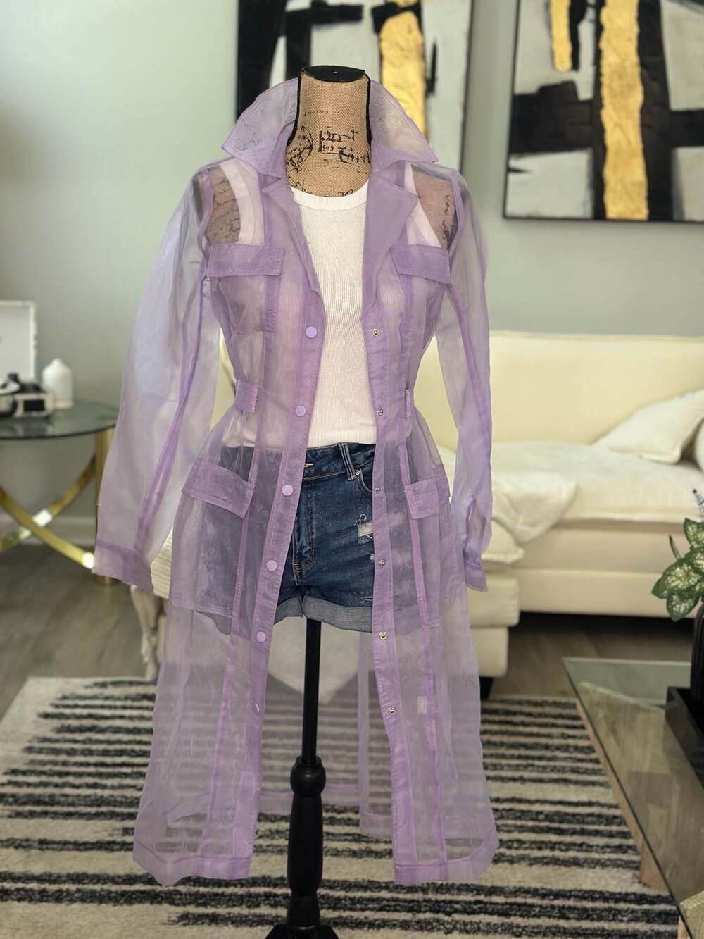 Forever 21 Organza Trench Coat Size S Purple Sheer Long Jacket